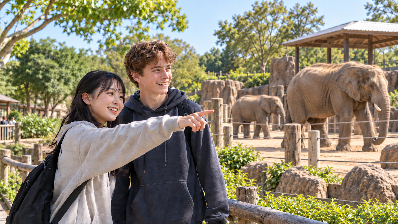 Mei and Ben looking at animals at the zoo